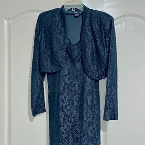 Elegant navy lace cocktail dress with bolero jacket
